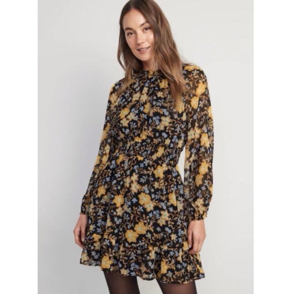 GAP Plus Floral Smocked Waist Long Sleeve Mini Dress Black Yellow Size 3X - Picture 1 of 10